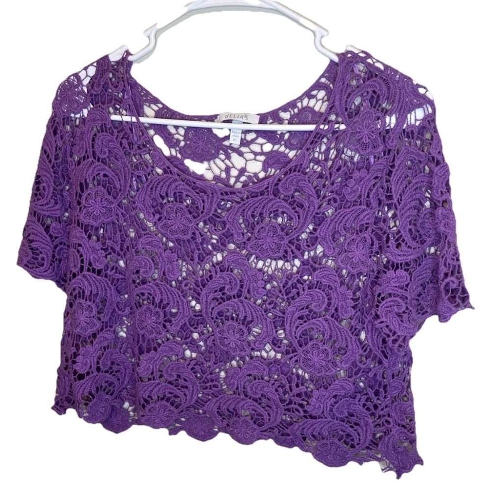dELiA*s Women's Purple Lace Short Sleeve Crop Top Size XL EUC Y2K Style Vintage - Picture 3 of 6